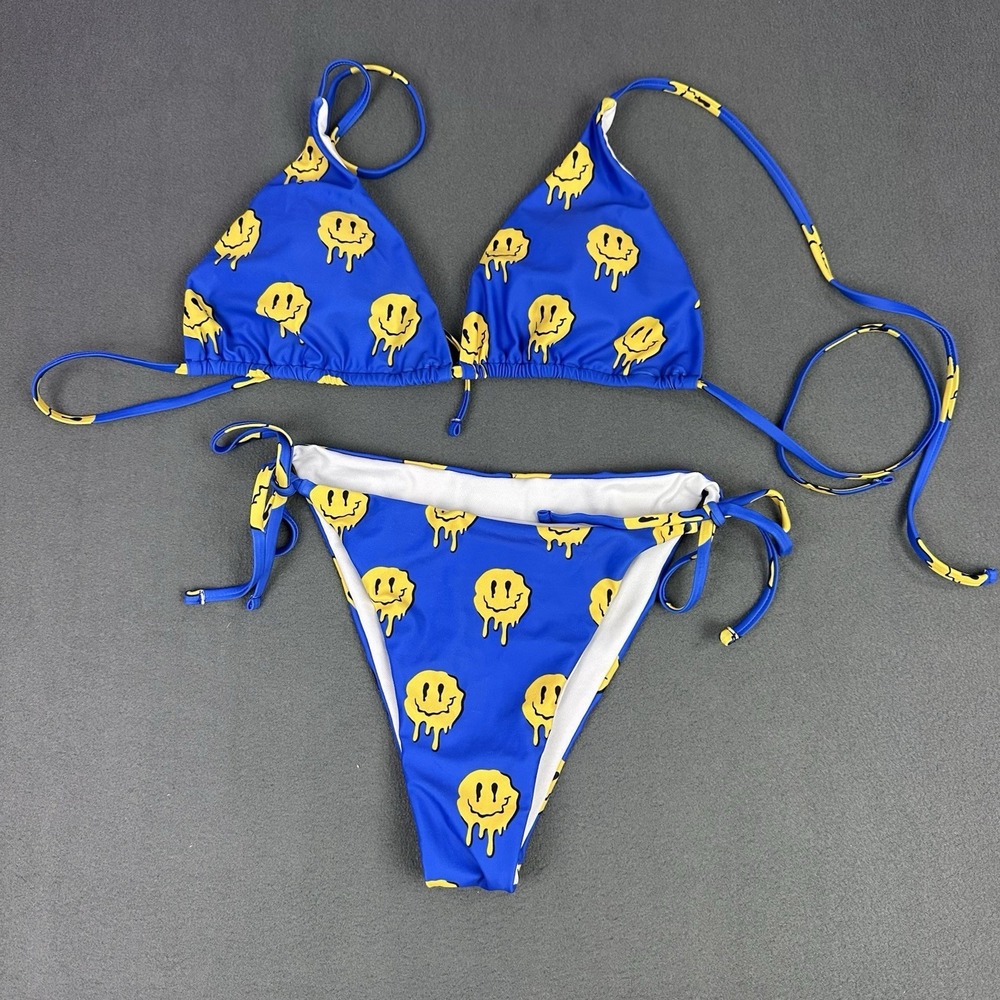 ROMWE Juniors L Blue Smiley Face String Bikini Set Tie Side Tie Top Pre-Owned